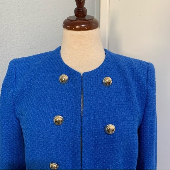 Zara Women Blue High Neck Double Breasted Textured Tailored Cotton Blazer Size M - Picture 13 of 17